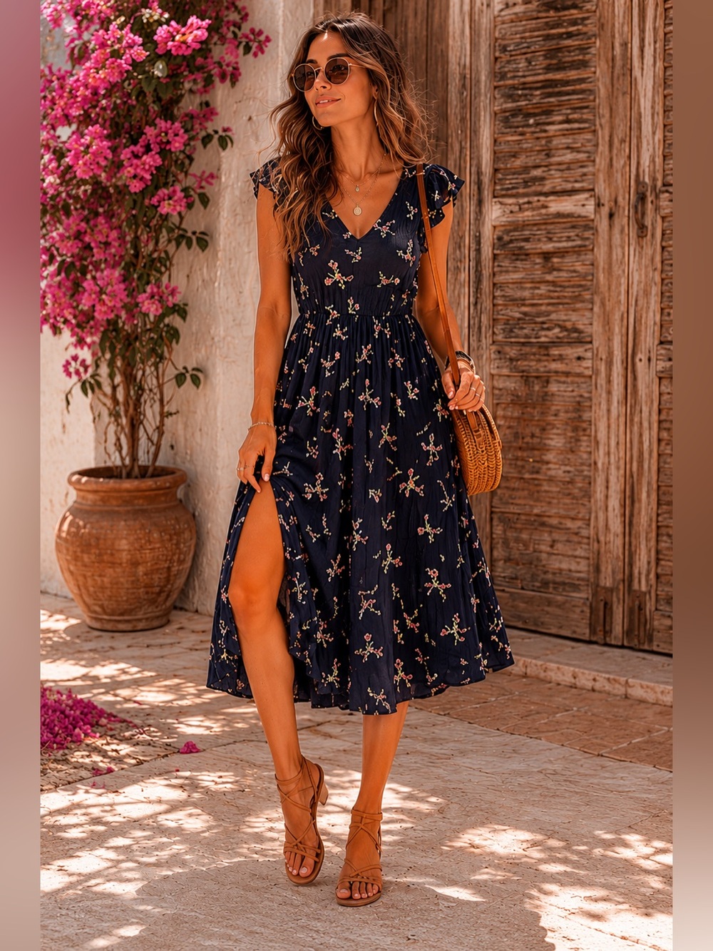 NEW ROXY Navy Floral Midi Dress Boho Beach Vacation Keyhole Back Slit Dress